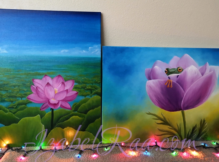 "AUM" and "The House of Cute Little Frogling”. Oil paintings on canvas. © Izabel Raa