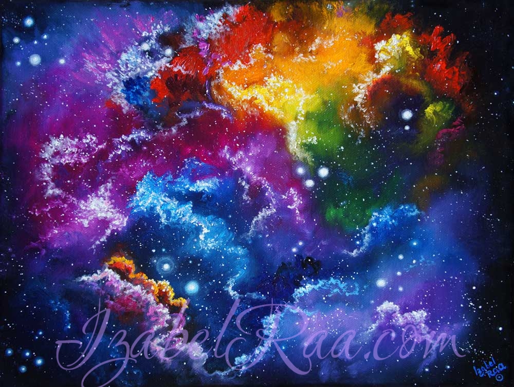 "Quasars of Light in a Shimmering and Shining Void" (“Квазары света в мерцающей и сияющей Пустоте”). Oil painting on canvas. © Izabel Raa, 2021