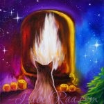 "The Cat, Stardust and Cosmic Fireplace", or "Where the Love is..." ("Котик, звёздная пыль и космический камин", или "Где находится любовь..."). Oil painting on canvas. © Izabel Raa, 2021